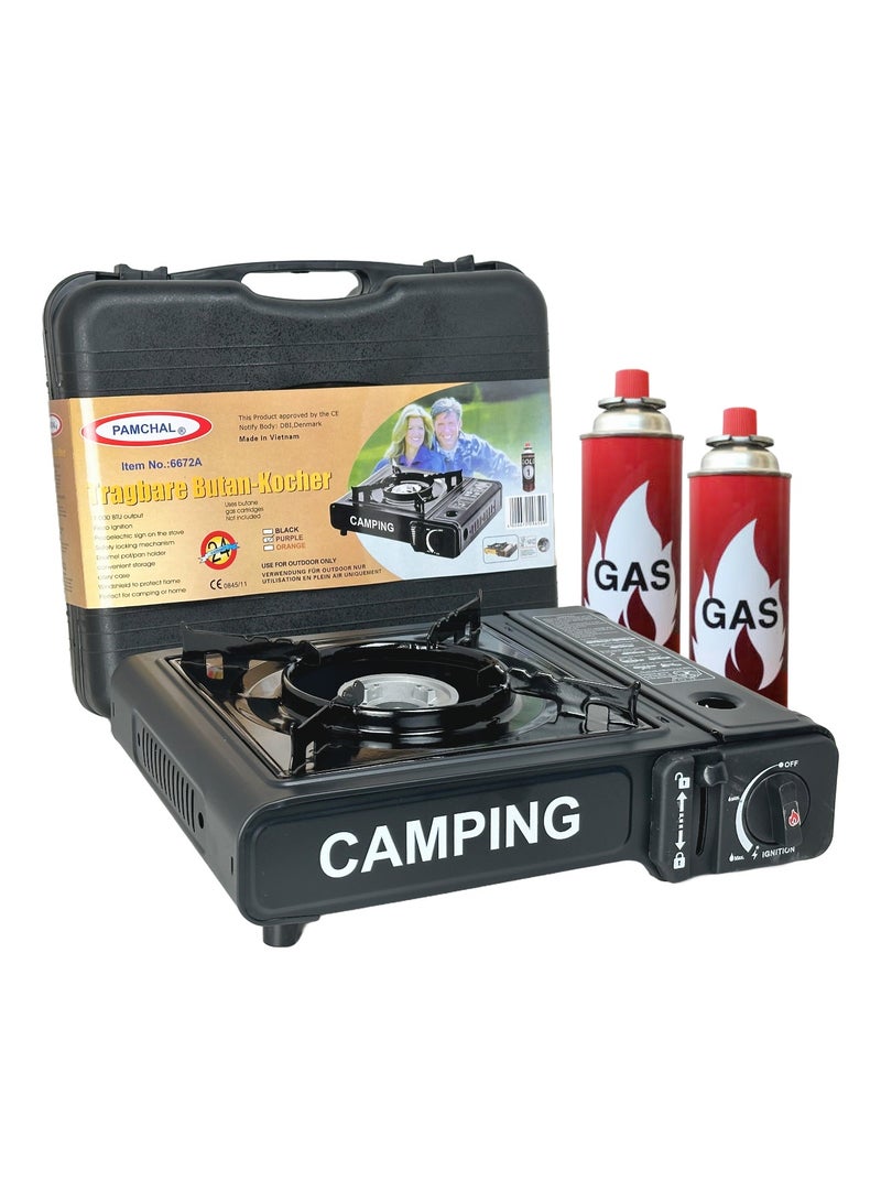 Camping Stove with Box and 4-Pieces Butane Gas Cartridge Black