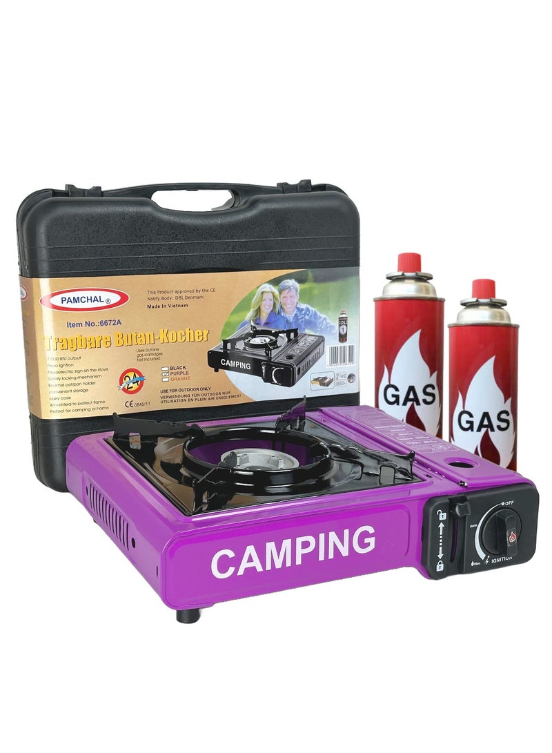 Camping Stove with Box and 2-Pieces Butane Gas Cartridge Purple
