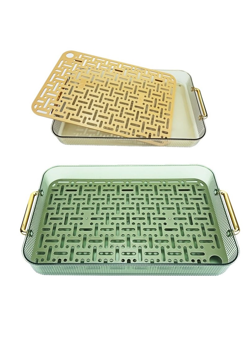 Double Layer Tea Tray Kitchen Tray, 2 Pcs Dish Drain Tray, Tableware Drying Tray, Household Draining Plate, Suitable for Entertaining,Eating, Water Drip Tray for Cup, Plate,Fruit, Bathroom (Green)