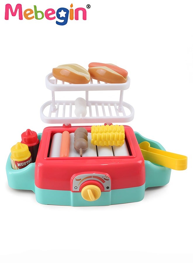 BBQ Grill Toy Set with Rich Accessories, Simulated Automatic Grill with Light and Sound, Kids Kitchen Role Toy Set, Educational Toys for Kids, Perfect for Hand-on Ability, 20*17*7cm