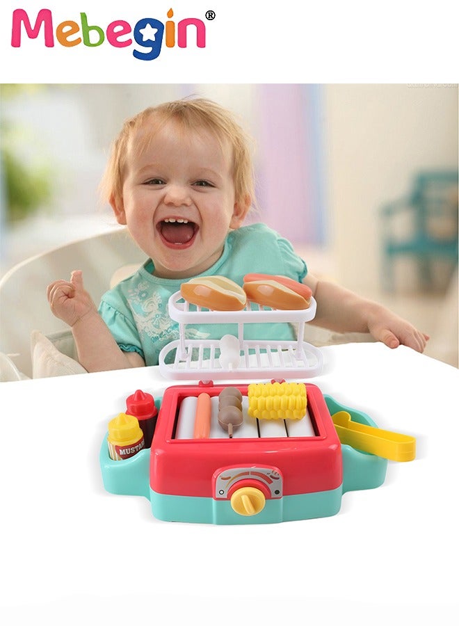 BBQ Grill Toy Set with Rich Accessories, Simulated Automatic Grill with Light and Sound, Kids Kitchen Role Toy Set, Educational Toys for Kids, Perfect for Hand-on Ability, 20*17*7cm