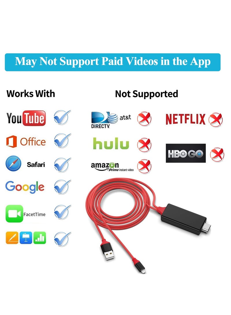 For Lightning to HDMI Cable For iPhone iPad iPod To TV Projector Monitor, Apple MFi Certified 1080P Digital AV Adapter Cord, 2m HDMI Adapter HDTV Cable With USB Charging Port, Sync Screen Converter