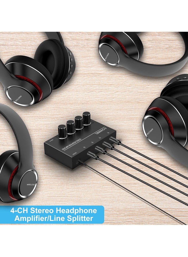 4 Channel Headphone Amplifier, Stereo Audio Amp Splitter with 4 Headphones Output Jacks and Audio Input - Ideal for Music Sharing and DJ