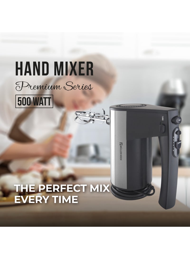 500W Hand Mixer Hand Mixer, Wire Beaters and Dough Hooks, Easy to Clean, Easy to Eject (10 Speeds with Turbo, Stainless Steel Accessories)