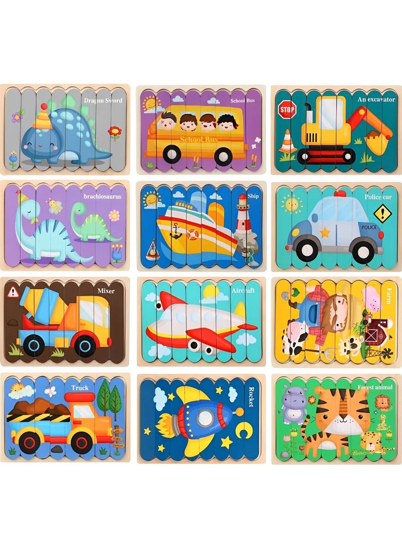 Pack of 6 Wooden 3D Jigsaw Double Puzzles Different Styles for Toddlers, Early Learning Montessori Toys for Age 2 Years and Above, Attractive Color and Patterns, Prefect Toys Gifts for Boys & Girls
