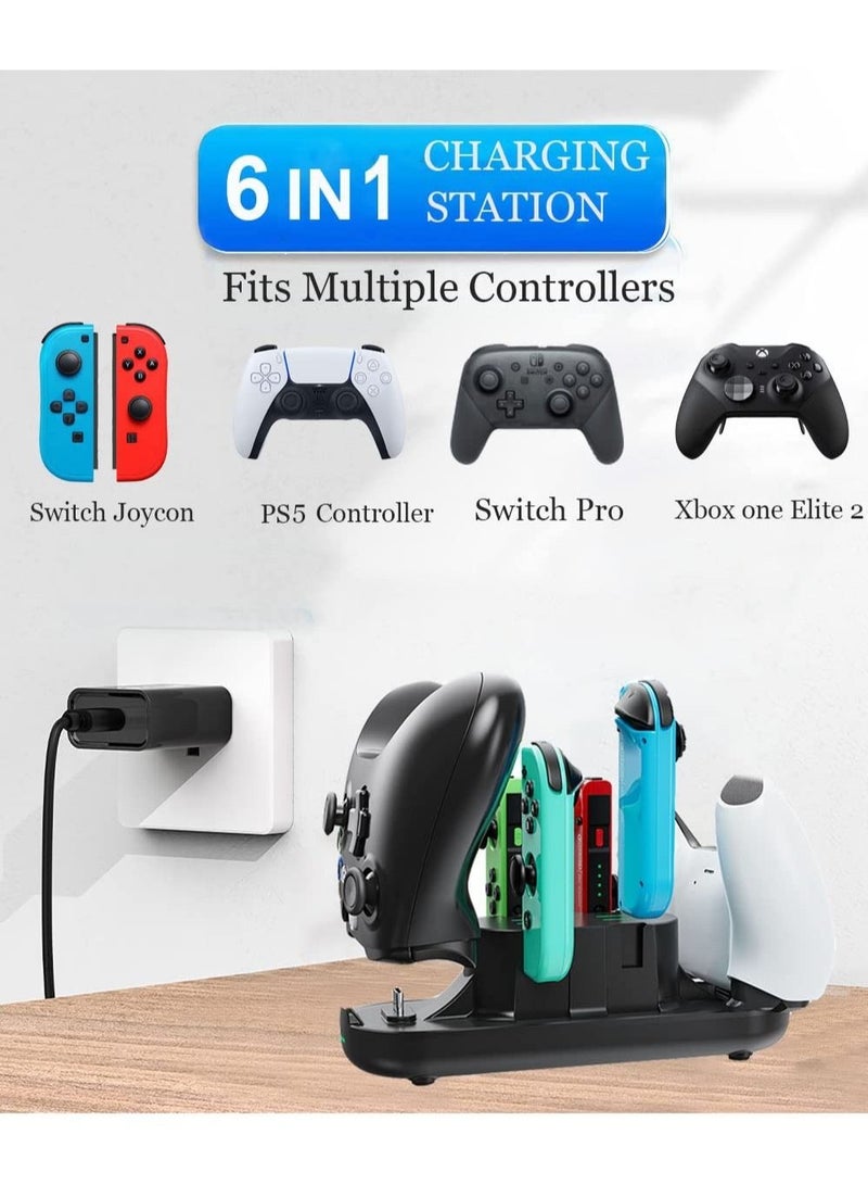Controller Charging Dock Station Compatible with Nintendo Switch Pro Controller and Joy-con, 6-in-1 Charging Stand for Switch OLED Model Lite with Charging Indicator and Type C Charging Cable