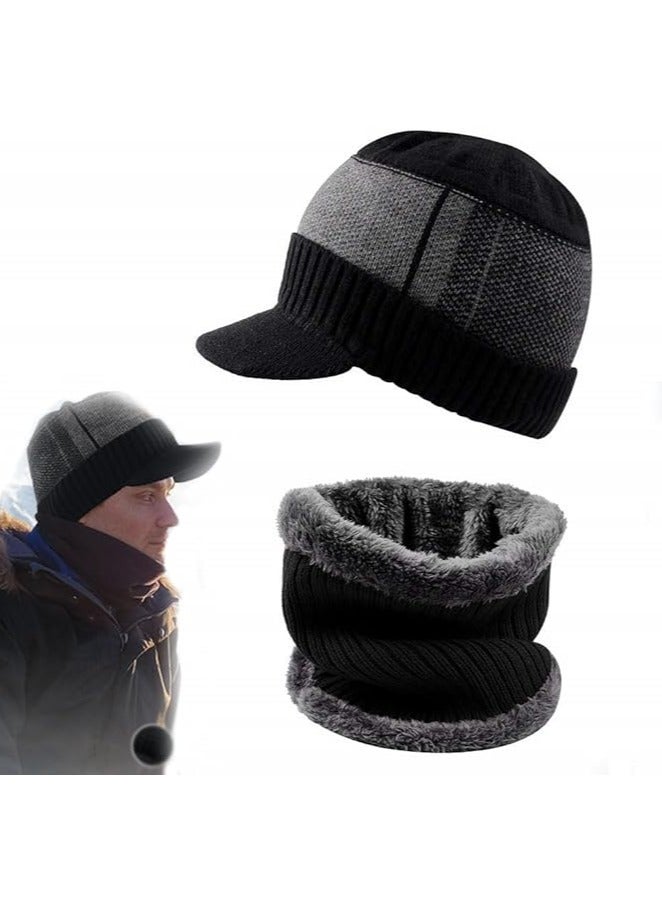 Winter Hats for Men, 2 Piece Knit Men Hats Warmer Set, Winter Beanie Hat Scarf Skull Cap Set, Knit Thick Fleece Lined Warm Beanie Scarf Set, Winter Hat and Scarf