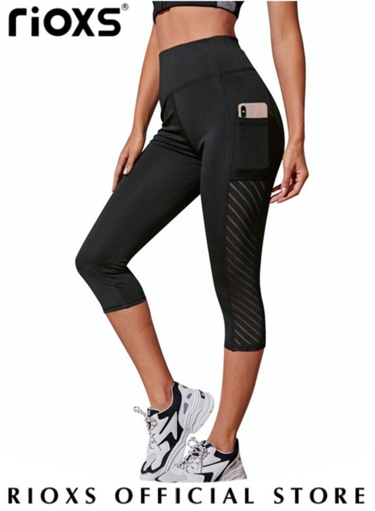 Women's High Waisted Yoga Capri Pants With Side Pockets Stretch Mesh Workout Tummy Control Leggings For Sports