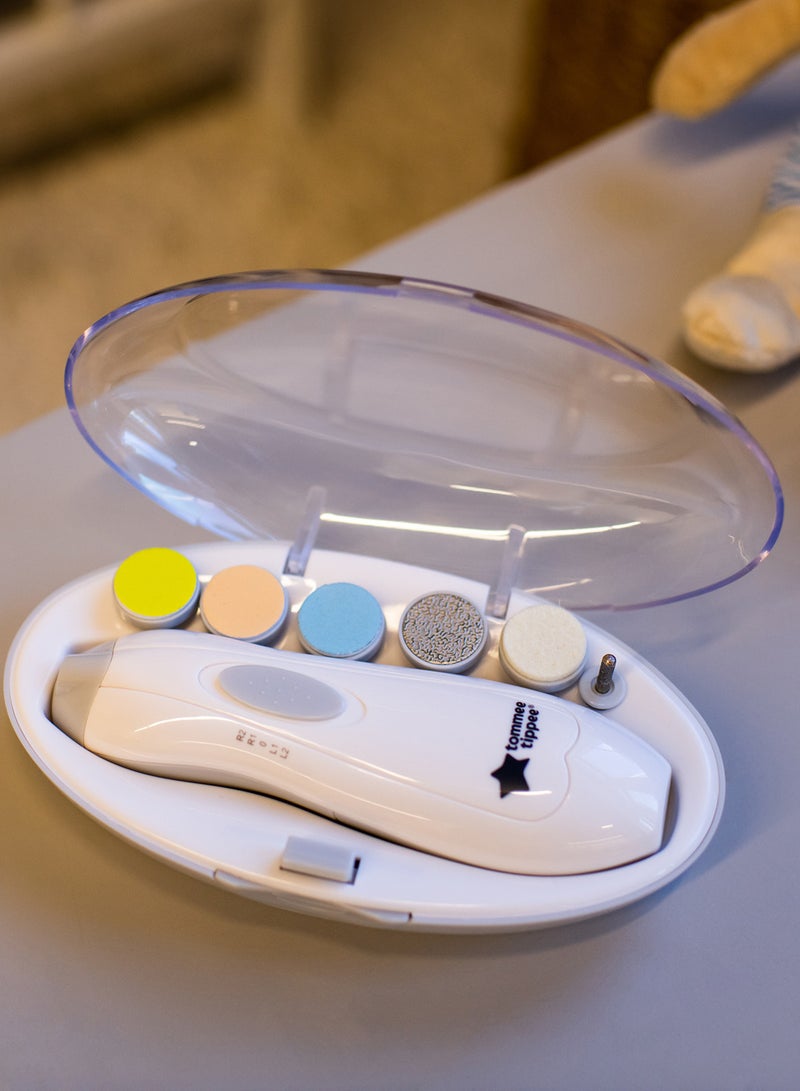 Electric Baby Nail File Trimmer, Battery-Powered Infant Nail Clipper with LED Light and Six Filing Heads for Baby and Adult Use