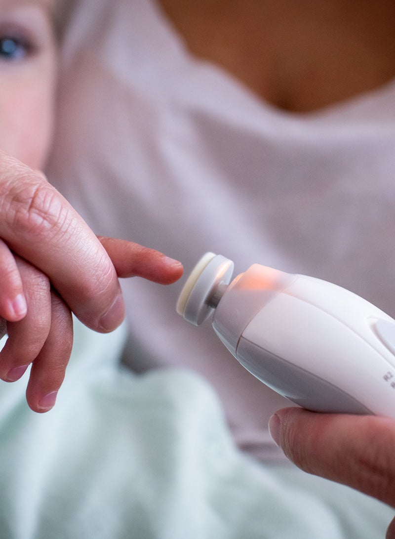 Electric Baby Nail File Trimmer, Battery-Powered Infant Nail Clipper with LED Light and Six Filing Heads for Baby and Adult Use