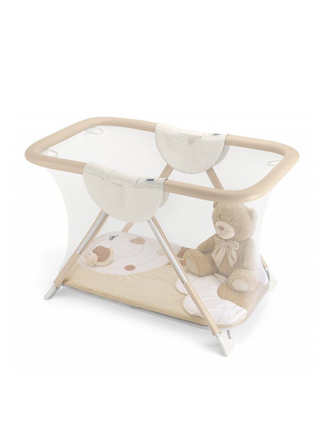 Brevettato Baby Cot - Beige - Functional  Playpen For Baby, Usage 0-15 Kg. 4 Support Handles, Made In Italy, Padded Anti-Bite Handrail, Compact Folding, Soft Tube Protection, Baby Bed, Playard