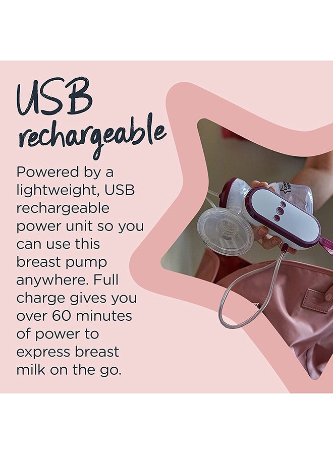 MadeFor Me Single Electric Breast Pump, Strong Suction, SOft Feel, USB Rechargeable, Quiet, Portable, Express Modes, Baby Bottle Included