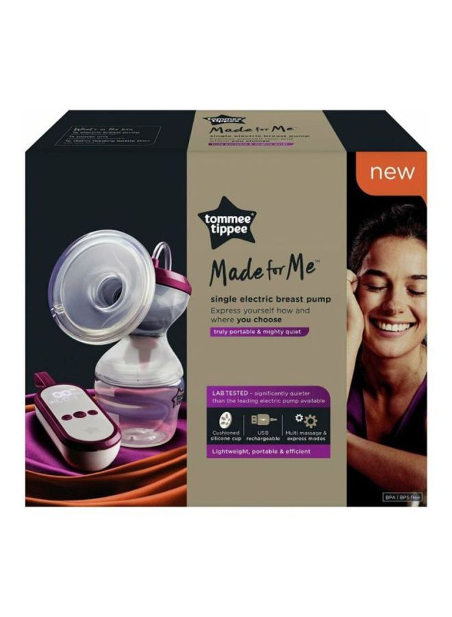 MadeFor Me Single Electric Breast Pump, Strong Suction, SOft Feel, USB Rechargeable, Quiet, Portable, Express Modes, Baby Bottle Included