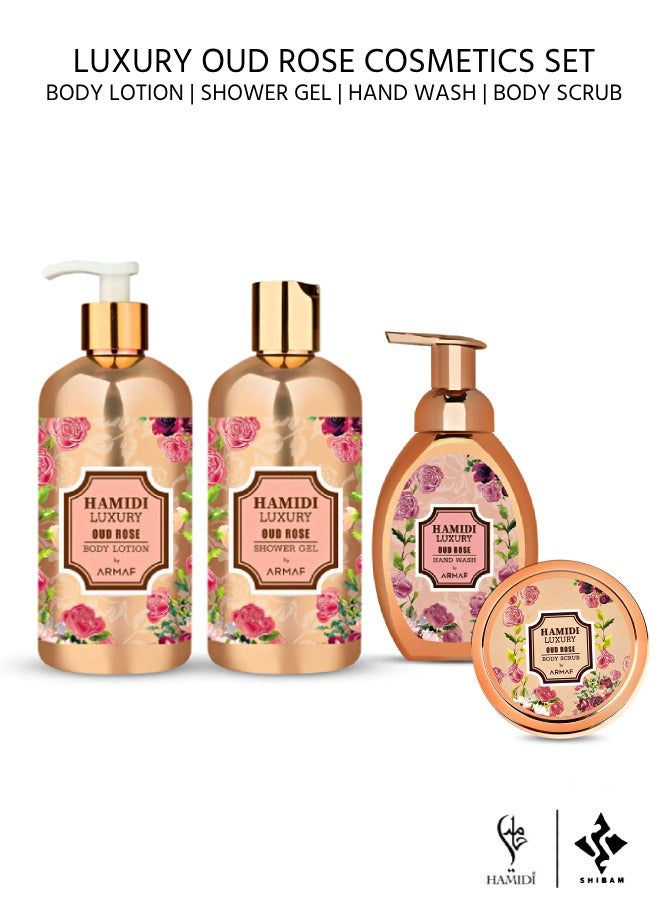 Luxury Oud Rose 4pcs Cosmetics Gift Set - 250ml Body Scrub | 500ml Body Lotion | 500ml Shower Gel | 350ml Hand Wash  (assorted)