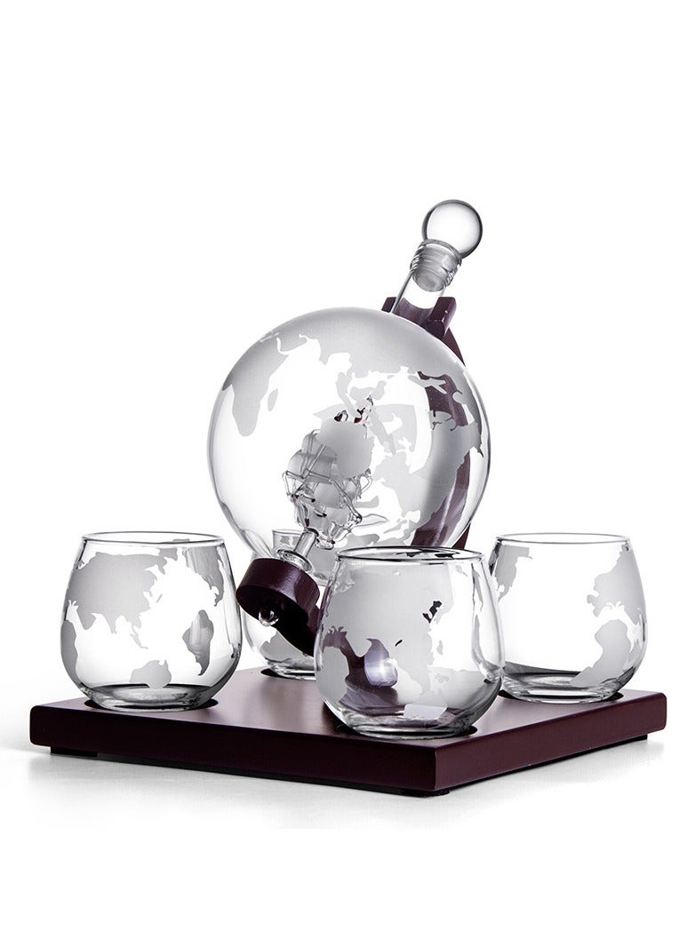 Decanter Globe Set with 4 Glasses Reusable Stone Ice Cubes Wooden Stand Pouring Funnel 900 Ml (A)