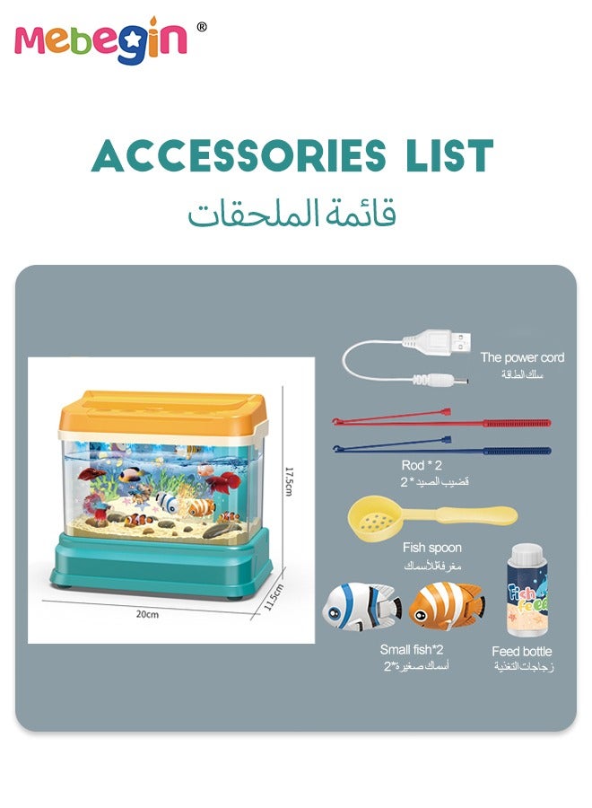 Aquarium Fishing Toy with Water Circulation System, Light and Music, Fish Tank Building Set with 1 Bottle of Fish Feed, 2 Two Moving Fish, 2 Fishing Poles and Other Accessaries, Fun to Play with Friends and Family