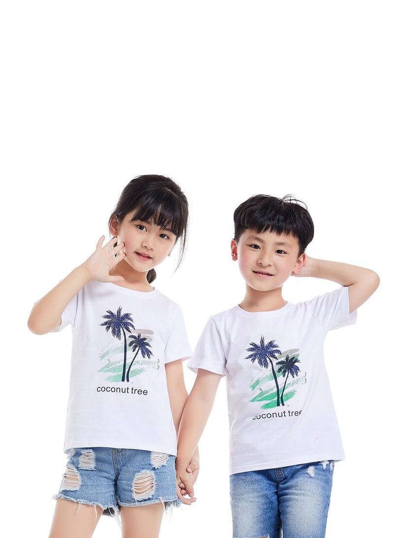 Unisex Family Couple Parent-Child clothing Coconut Tree Pattern T-shirt White