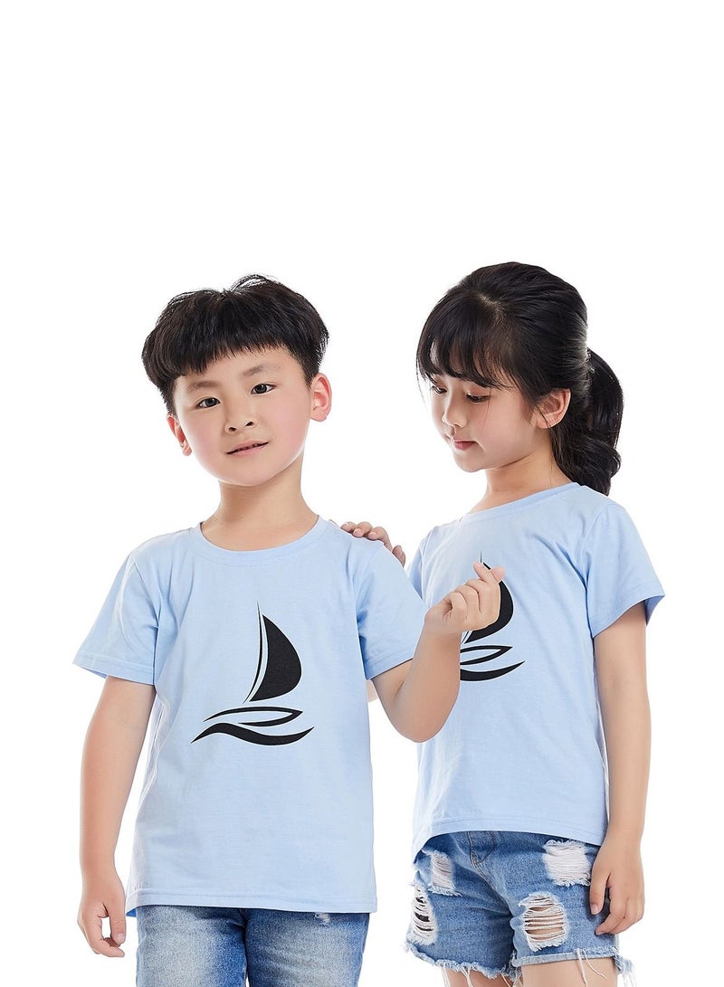 Unisex Family Couple Parent-Child clothing Sailboat Pattern T-shirt Sky Blue