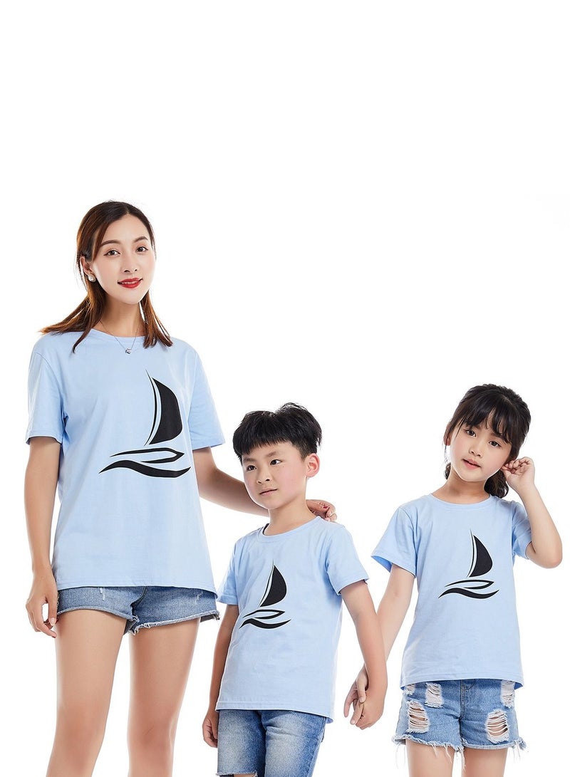 Unisex Family Couple Parent-Child clothing Sailboat Pattern T-shirt Sky Blue