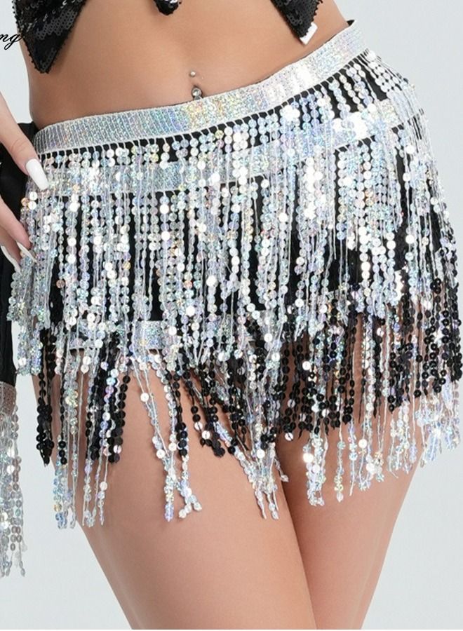 Sequin Fringe Waist Chain Skirt Sparkly Belly Dance Tassel Waist Wrap Belt Skirts Party Rave Costume Silver/Black