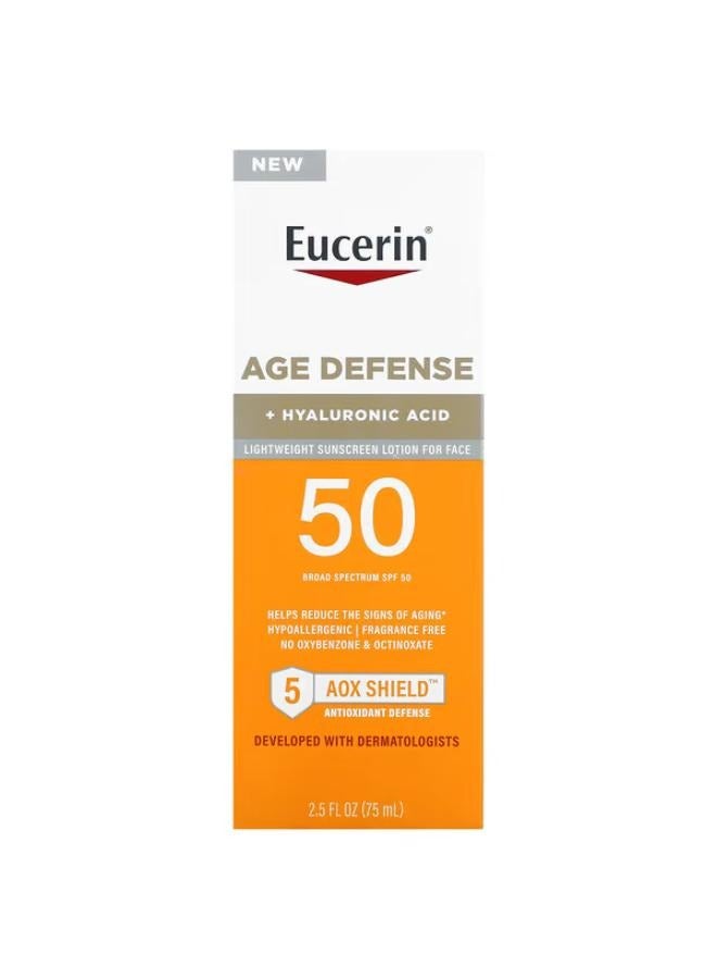 Age Defense, Lightweight Sunscreen Lotion For Face, SPF 50, Fragrance Free, 2.5 fl oz (75 ml)
