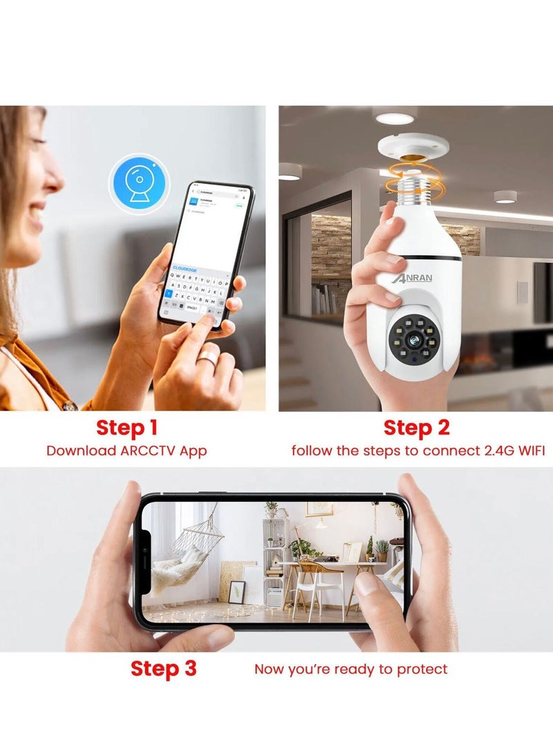 3MP Bulb Security Camera, Body Detection Supportive, Instant and Accurate Alarm, 2 Way Audio Supportive, Horizontal 350 Degree and Vertical 90 Degree Rotation, HD Night Vision Security Camera