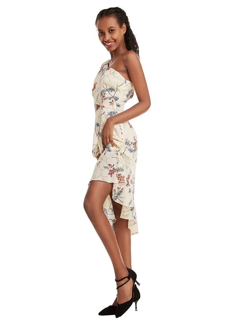 Woman's Stylish Floral Printed One Shoulder Midi Dress Ivory Mix