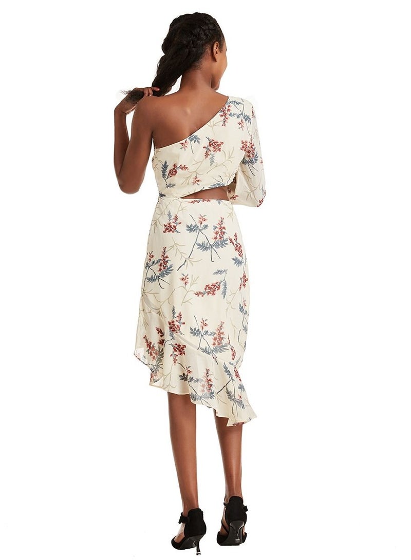 Woman's Stylish Floral Printed One Shoulder Midi Dress Ivory Mix