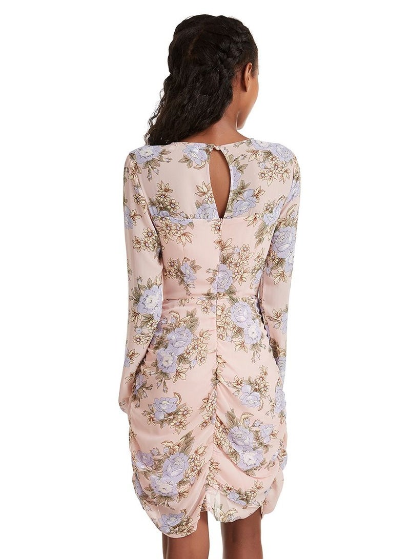 Woman's Stylish Floral Printed Long Sleeve Mini Dress Pink Mix