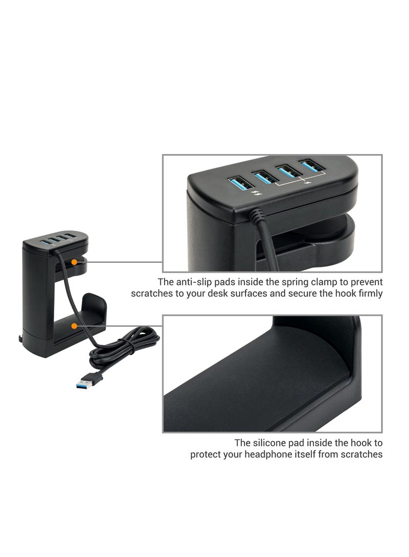 Headphone Stand with USB Charger, 360° Swivel Headset Hanger and Adjustable Springed Clamp, Under Desk Space Save Mount Fold Holder 3.0 x1 + 2.0 x3