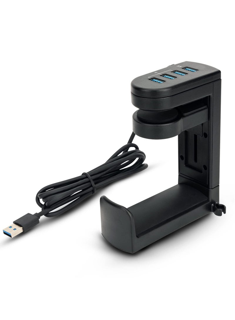 Headphone Stand with USB Charger, 360° Swivel Headset Hanger and Adjustable Springed Clamp, Under Desk Space Save Mount Fold Holder 3.0 x1 + 2.0 x3
