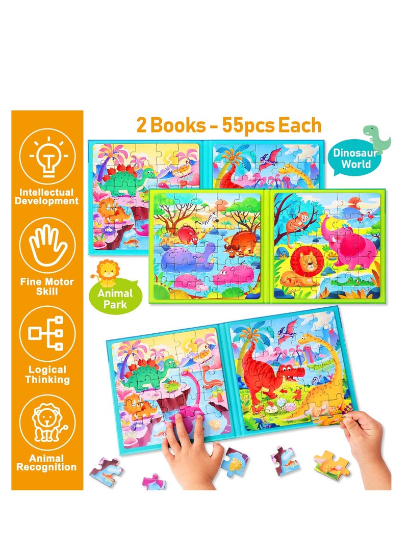 Magnetic Puzzles for Kids Ages 3-5, Two-Book Set, 110 Pieces Dinosaur Animal Theme Travel Toddler Puzzles, Preschool Learning Activities Toys 3 4 5 6 Year Old Boys Girls