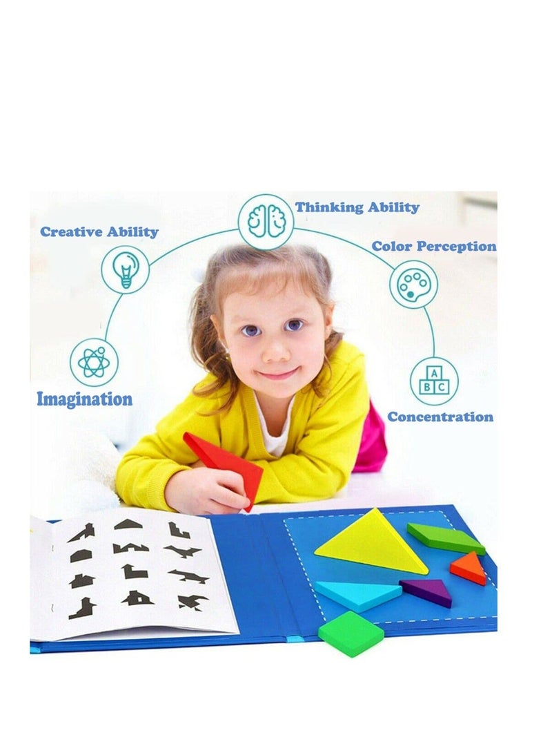 Wooden Pattern Tangram Magnetic Puzzle, Block Book, IQ Educational Toy Gift Brain Teasers for Kid Toddlers Age 3+ Years Old