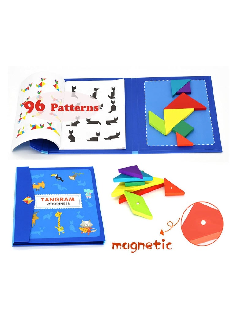 Wooden Pattern Tangram Magnetic Puzzle, Block Book, IQ Educational Toy Gift Brain Teasers for Kid Toddlers Age 3+ Years Old
