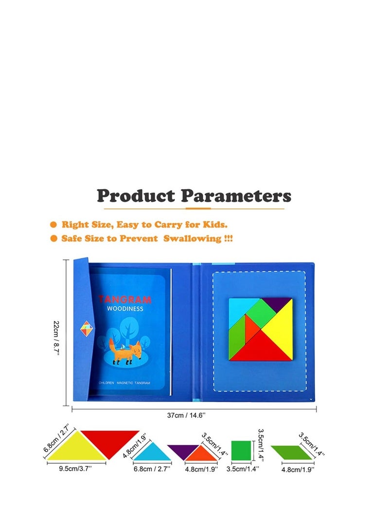 Wooden Pattern Tangram Magnetic Puzzle, Block Book, IQ Educational Toy Gift Brain Teasers for Kid Toddlers Age 3+ Years Old