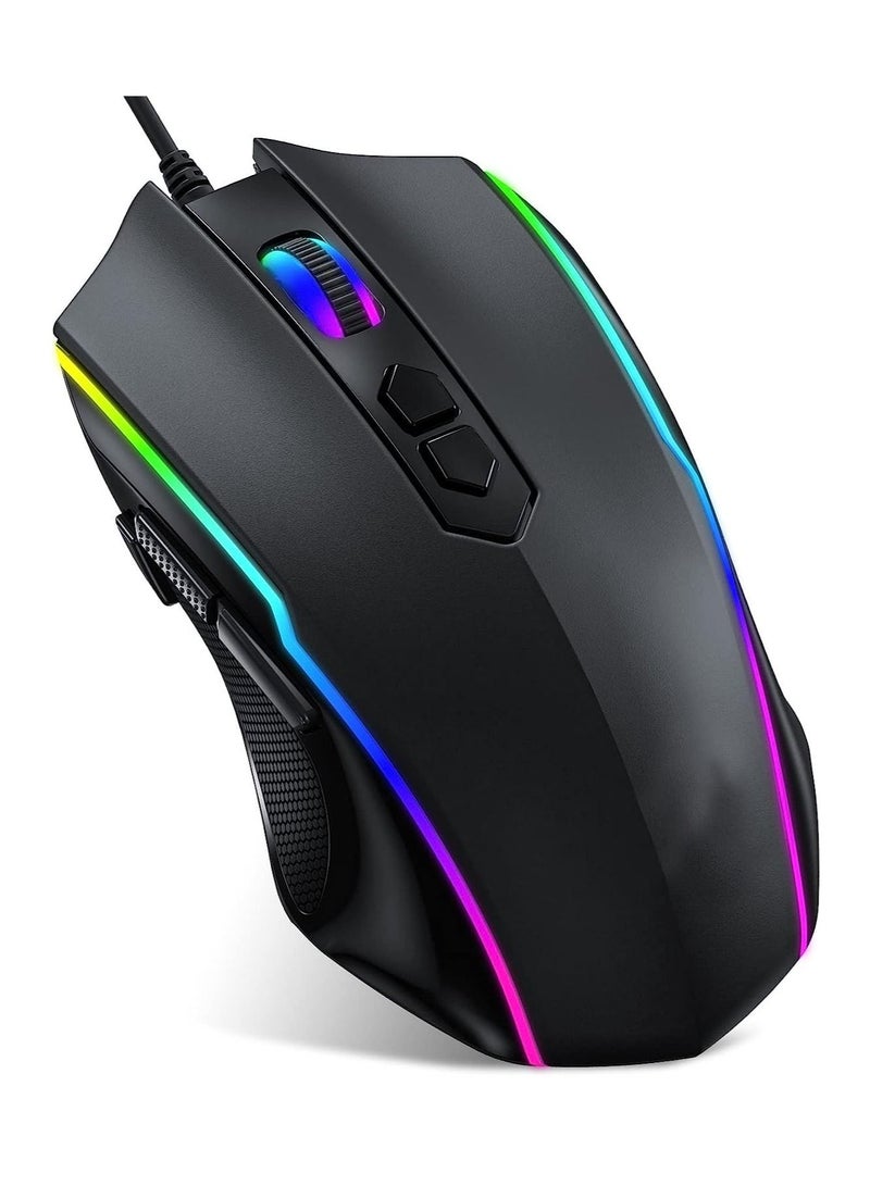 Gaming Mouse Wired RGB Spectrum Backlit Ergonomic Mouse,7200 DPI Optical Sensor Gamer Mice, 8 Programmable Buttons, Rubberized Side Grips, Computer Mice for Windows 7 10 XP Black