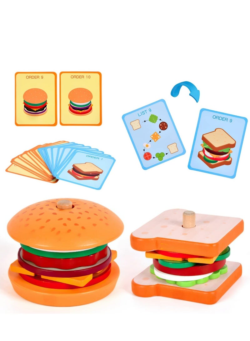 Wooden Burger Sandwich Stacking Toys for Kids, Play Fake Food Toy Toddlers, Montessori 3 Year Old, Preschool Educational to Develop Fine Motor Skills