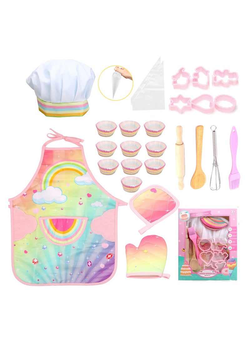 Cooking and Baking Set for Kids, 26 Pcs Kit Boys Girls Kids Chef Role Play Costume with Apron/Hat/Cooking Mitt/Utensils/Cupcake Molds Toddler Ages 3+