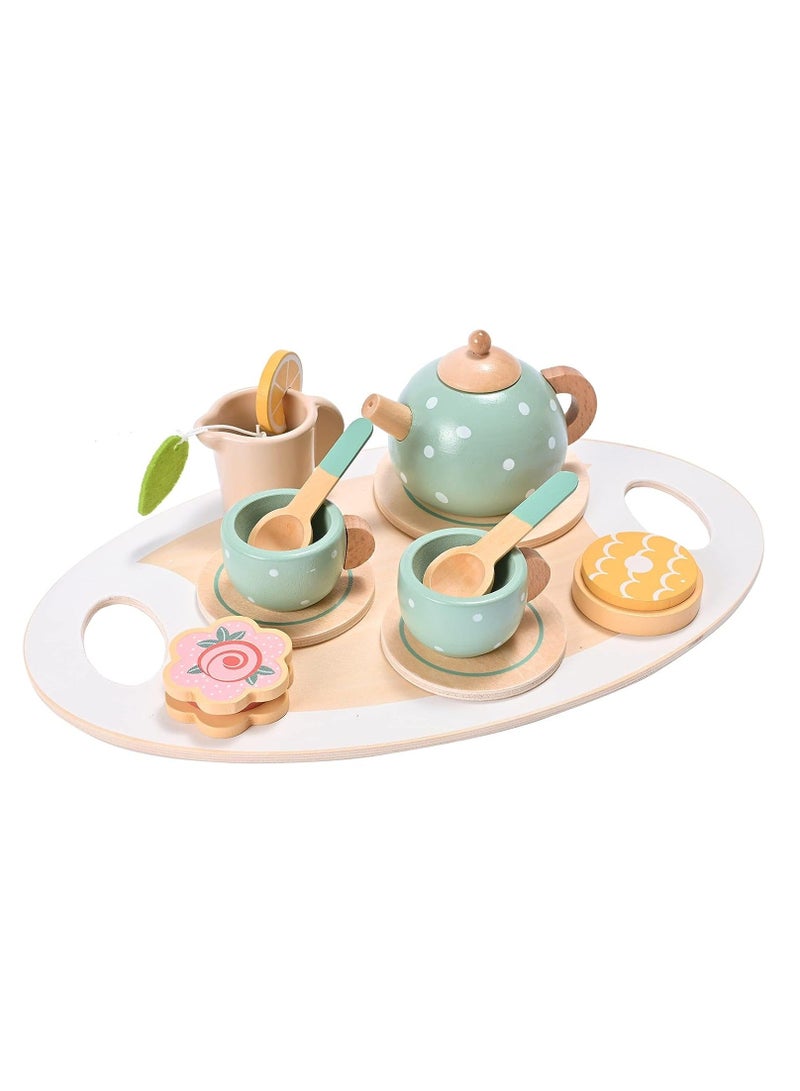 15Pcs Tea Party Toy Set Afternoon Wooden Pretend Play Learning Role Funny Dessert Food Kid Playset Interactive Simulation Teacup for Toddler Girls Boys