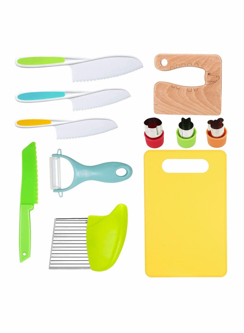 Wooden Kids Kitchen Knife Set Include Wood Safe Knife, Serrated Edges Plastic Toddler Crinkle Cutter, Sandwich Y Peeler, Cutting Board, 11 Pieces