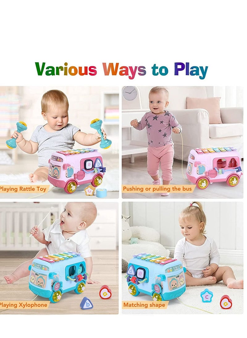 Baby Toys 12 18 Months Musical Toy Bus Includes Xylophone, Shape Sorter, Pull Along for 1 Year Old Boys Early Educational Best Gift Girls