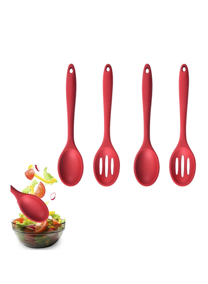 Pack of 4 Large Silicone Cooking Spoons, Kitchen Spoon Set, 4 Pcs Solid Spoons and Slotted Spoons, Non Stick Solid Basting Spoon,Heat-Resistant Kitchen Utensils for Mixing,Serving,Draining,Stirring