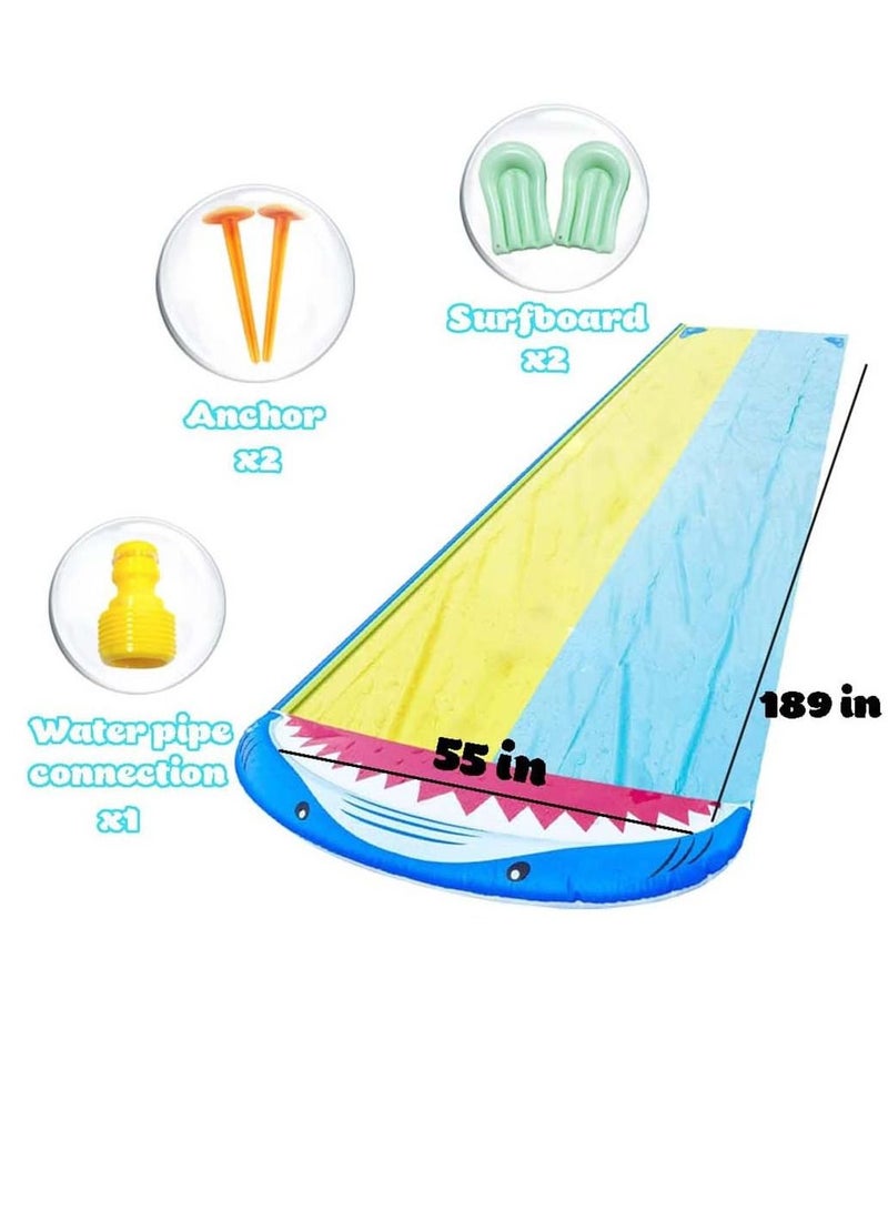 Double Lane Slip with 2 Bodyboards, Inflatable Lawn Water Slides Summer Toy Build-in Sprinkler for Kids Adults Garden Backyard and Outdoor Waterslide Play 15.7ft x 55in