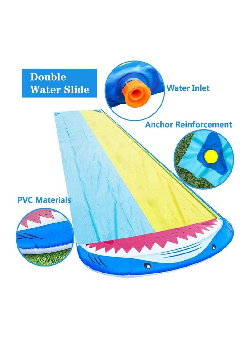 Double Lane Slip with 2 Bodyboards, Inflatable Lawn Water Slides Summer Toy Build-in Sprinkler for Kids Adults Garden Backyard and Outdoor Waterslide Play 15.7ft x 55in
