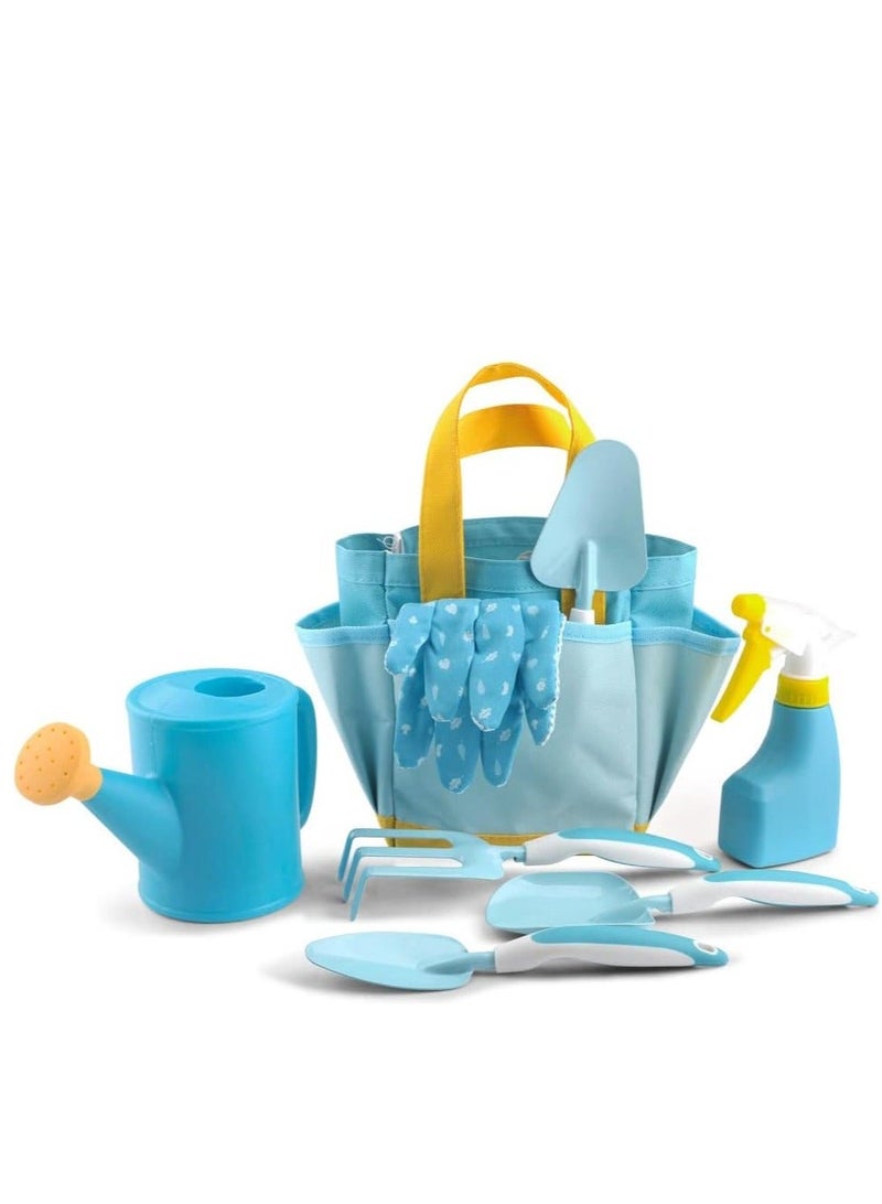6Pcs Kids Garden Outdoor Tool Set Children's Hand Tools Fun Toys Gift including Shovel Rake Trowel Sprayer Gloves Apron Watering Can with Canvas Tote Bag Gifts for Children