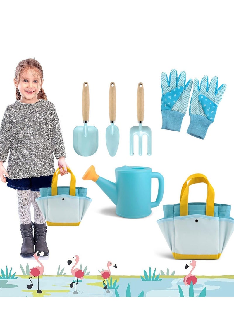 6Pcs Kids Garden Outdoor Tool Set Children's Hand Tools Fun Toys Gift including Shovel Rake Trowel Sprayer Gloves Apron Watering Can with Canvas Tote Bag Gifts for Children
