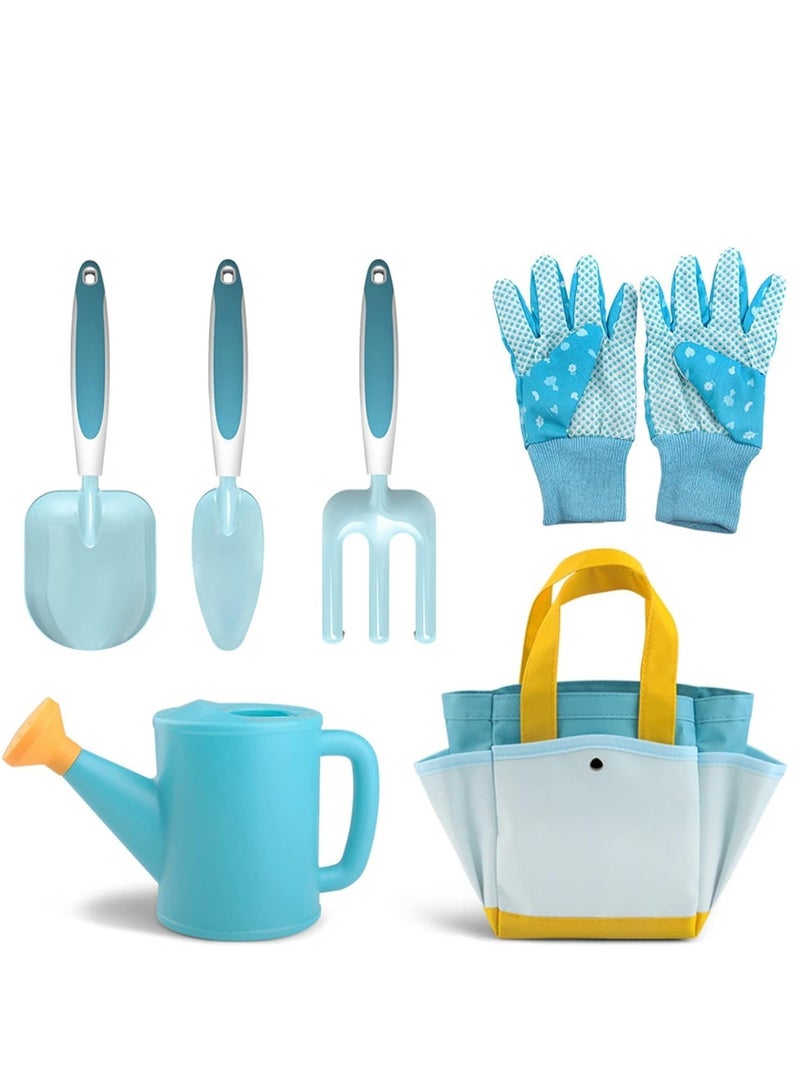 6Pcs Kids Garden Outdoor Tool Set Children's Hand Tools Fun Toys Gift including Shovel Rake Trowel Sprayer Gloves Apron Watering Can with Canvas Tote Bag Gifts for Children