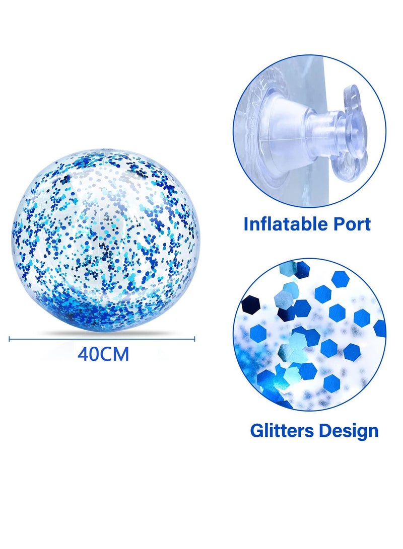 Inflatable Beach Ball, Color Confetti Transparent Pool Party Ball 40 cm Elastic Floating Water Toy Play Blue Sequins Suitable for Boys and Girls Summer Beach, (8 Pieces)
