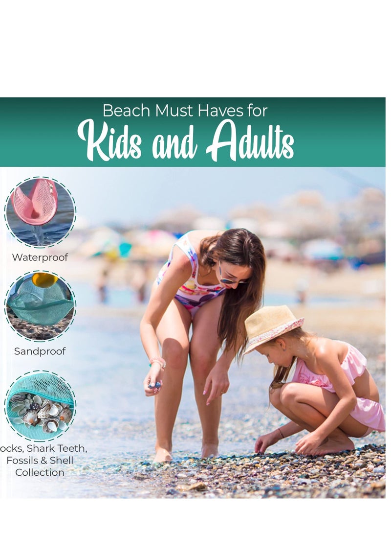 2 PCS Mesh Beach Bag, Shell Collecting Adjustable Strap Kids Quick Dry Net Tote, Suitable for Seashells Rocks Boys and Girls (Pink & Teal )