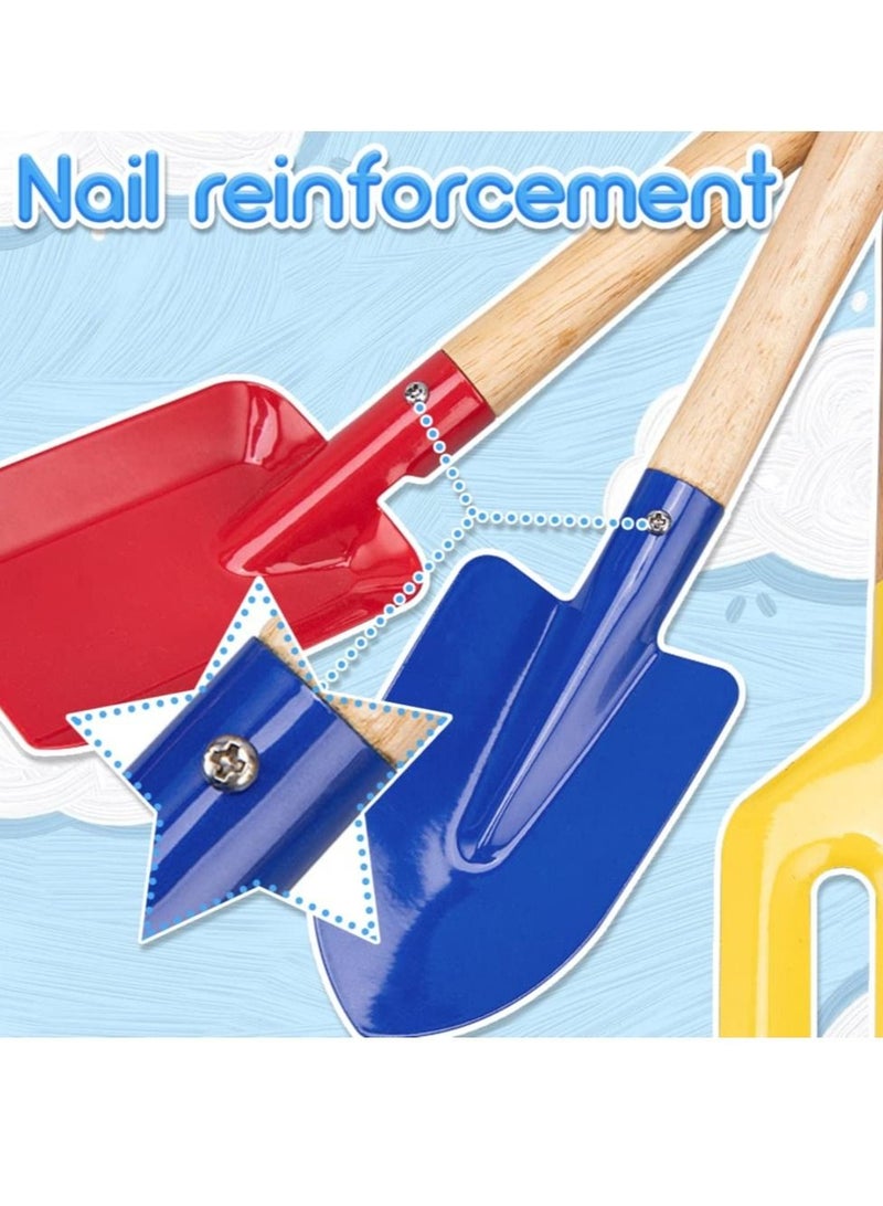 Beach Toy Set 6 Piece Kids Tools with Spoon Shovel Rake Fork Trowel Dirt Digging Toys Metal Wooden Handles for Children
